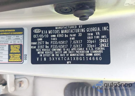 2011 Kia Sorento Lx z USA, uszkodzony, nr VIN 5XYKTCA1XBG114660